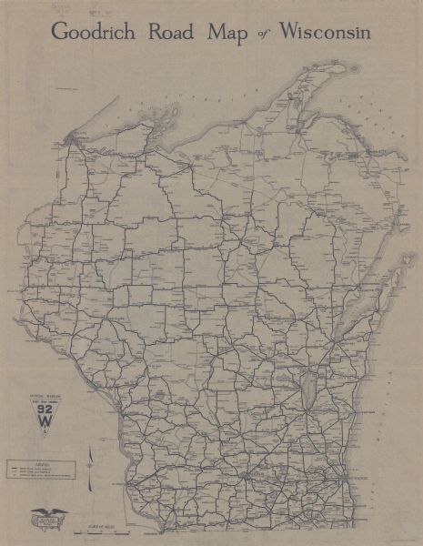 This map shows state trunk highways and other main highways. Lake Michigan is at the far right, with Lake Superior at the top. Included is a portion of Upper Michigan. 
