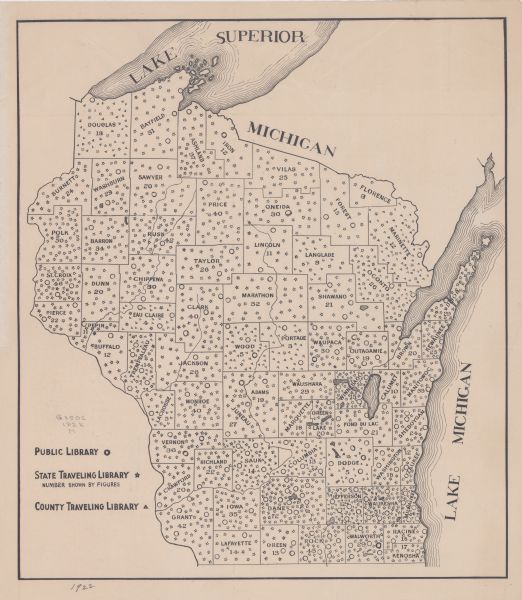 This map shows public libraries, state traveling libraries, and county traveling libraries. County boundaries are labeled. Lake Michigan is on the far right, with Lake Superior at the top. Includes a symbol key in the lower left hand corner.