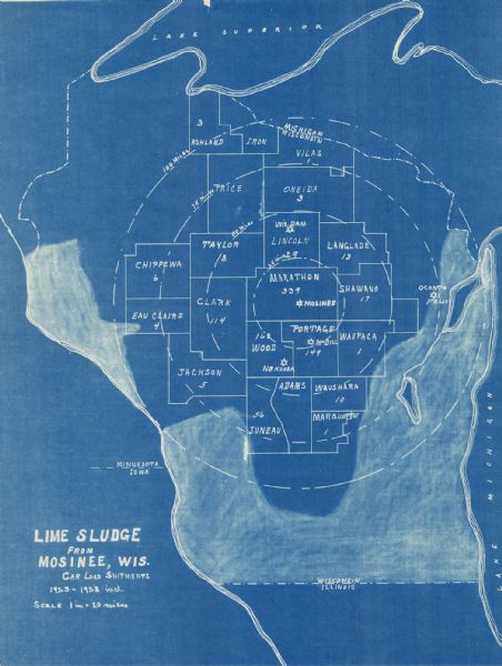 This blue line map shows the number of carload shipments to northern and central counties, with Mosinee being the central distribution point. Lake Michigan is at the far right, and Lake Superior is at the top. County boundaries and towns are labeled.
