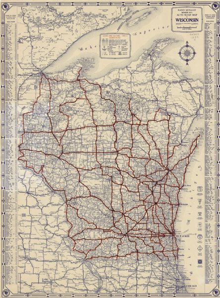 This map shows cities, rivers, lakes, roads, county boundaries, and destinations. Scenic and historic trails are shown in red. The map includes indexes to cities and towns, with total populations. Included are portions Michigan, Minnesota, Iowa, and Illinois. Lake Michigan is at the far right, with Lake Superior at the top.