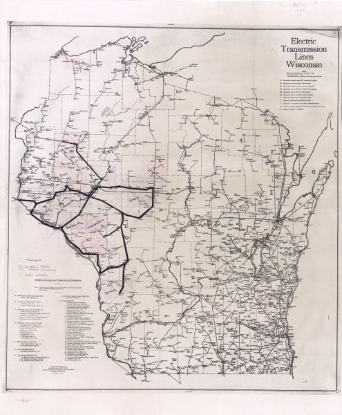 This map shows the electric transmission lines, cities, and county boundaries. Includes a list of holding groups and operating companies. Caption reads: "Map shows existing lines as of November 1, 1934. Line voltages given in K.V. Transmission lines are 3 phase 60 cycle unless otherwise noted."