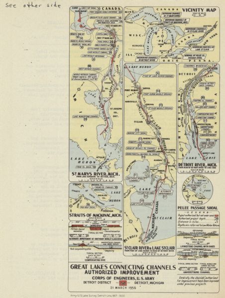 This map shows the straights and rivers that connect the Great Lakes, as well as the proposed channels that have been authorized but not at the time of the map under construction. It includes a vicinity map, showing all of the Great Lakes together in the upper right corner, a legend, and four section diagrams depicting the depths of some of the channels. On the back of the map is text explaining the project.