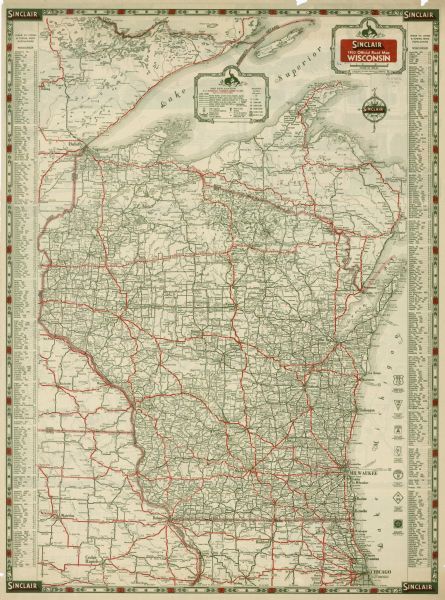 A road map of Wisconsin, that shows the major and some minor roads of the state, population of the cities and towns, a scale and an index. The reverse side contains mileage chart, motor oil recommendation chart, a United States pictorial map. A colored illustration on the bottom of the back side of the map depicts a few awards and contracts won by Sinclair, as well as a few attractions sponsored by Sinclair, such as Dinosaurs at the Chicago World Fair and the Sinclair Minstrels.