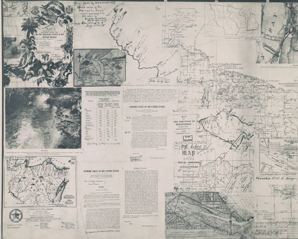 These maps are composites of selected exhibits and evidence submitted to the Supreme Court by the states of Wisconsin and Michigan between 1923 and 1926. The maps include portions of maps (most labeled), pictures, and decisions of the Court dated October 1925 and November 1926. Some of the maps are small township and others show larger areas bordering Wisconsin and Michigan.
