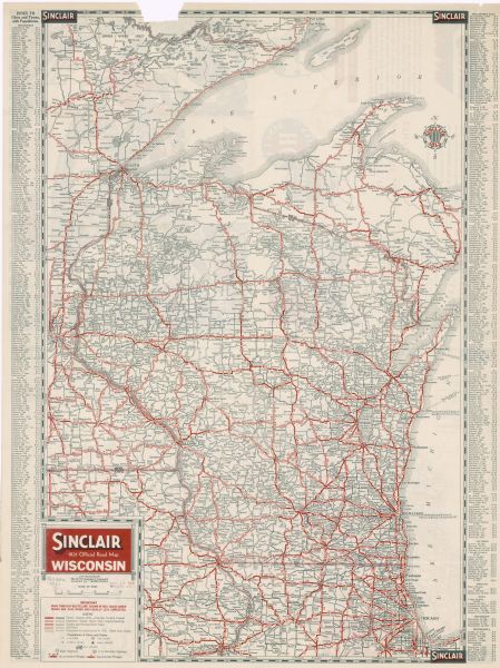 Road map of Wisconsin featuring the major freeways, highways, and cities.  The front contains an index and a guide to the population of the various cities. The back contains a generic road map of the continental United States and two colored advertisements for Sinclair oil.