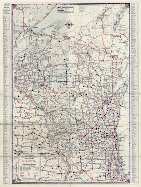 This map shows the major highways and freeways of Wisconsin as well as road surfaces, state parks, points of interest, ferry routes, bridges, and towns where Diamond products may be obtained. It includes indexes with city and town populations, and an two inset maps, one a continuation of Door County, and one a generic road map of the continental United States.
