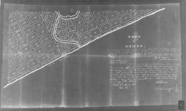 This map shows the paper city situated at the mouth of the Memee (Pigeon) River in Sheboygan County, just north of Sheboygan. Land parcels, streets, and rivers are labeled. Includes certifications in the lower right hand corner.  
