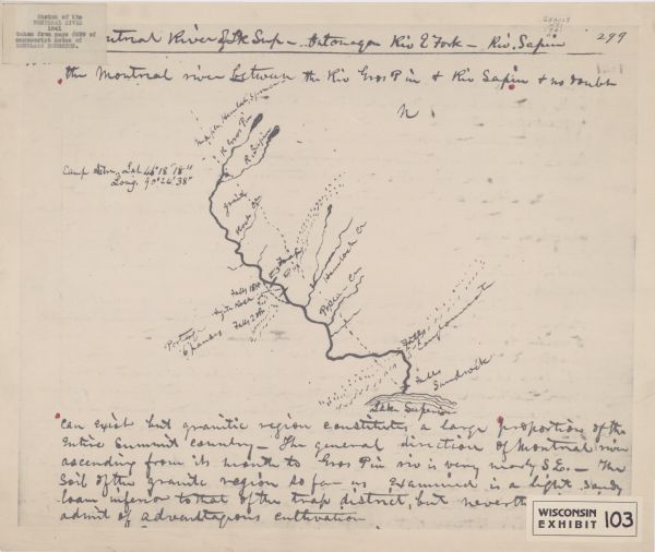 This map shows a sketch of of the Montreal Rivers and points of interest along the waterway. Includes manuscripts notes in the top and bottom margins. Lake Superior is near the bottom.