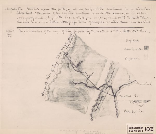 This map shows the range of hills crossed by Portage. Also shows the location of sandstone, conglomerate rocks, and the Portage trail. Includes manuscript notes at the top of the map.