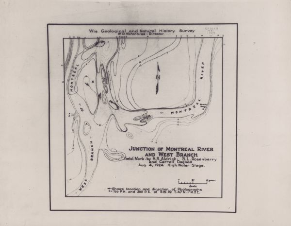 This map shows the junction between the Montreal River and the west branch of the Montreal River. The original captions on the map read: "Field Work by H.R. Aldrich; S.L Rosenberry and Carroll Osgood.," "Aug. 4, 1924. High Water Stage.," and "Shown location and direction of Photographs x=700 P.N. and 350 P.E/ of S.W. 32 T.47N.-R.2E." Relief is shown by contours.