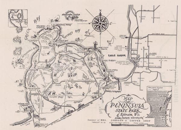 This map shows campsites, trails, auto roads, surrounding townships, and points of interest, by including pictorial illustrations. Includes an inserted map of Chambers Island. Caption reads: "Souvenir of Mrs. Johnson's Coffee Shop. South Entrance Ephraim, Phone 42558." The back features a detailed map of Ephraim showing roads, churches, schools, cemeteries, village hall, and good fishing spots.  