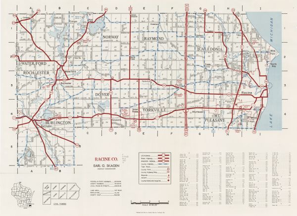 Racine County This map shows U.S. highways, state highways, county highways, town roads, county parks, county highway buildings, waysides, rivers, lakes, airports, a civil towns diagram, a location map, and hospitals. Lake Michigan is seen on the far right. Includes an alphabetical list of roadway locations. The back of the map includes text and illustrations.