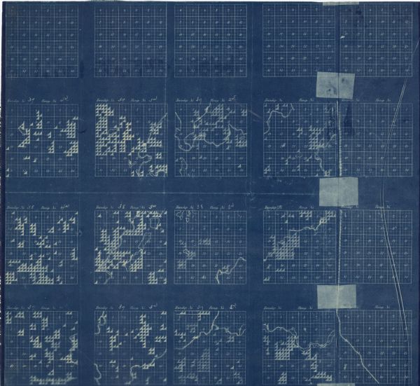 This blue line print map created sometime between 1886 and 1916 covers parts of northern Taylor County and eastern Sawyer and Rusk counties Each of the townships are mapped separately; each sheet has 20 township grids, although some are blank.