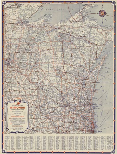 This map shows the major cities, towns, highways, roads, lakes, and rivers of Wisconsin and some of the neighboring states. An index is included on the front. The back contains advertisements for Schroeder Hotels, a United States radio log, United States mileage chart, and United States road map.