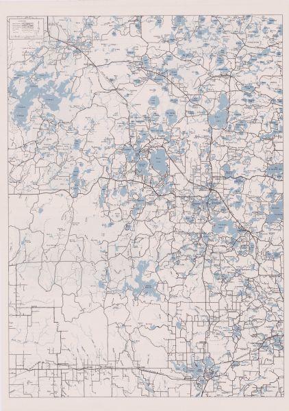 This map shows lakes, rivers, railroads, highways, roads, hunting grounds and trails around Flambeau Flowage and Boulder Junction in the north, to Brantwood and Heafford Junction in the south; including Minoqua, Lake Tomahawk, Lac Du Flambeau, and Manitowish. The back of the map includes illustrations and text with advice on hunting deer, as well as crow, rabbit, and squirrel.