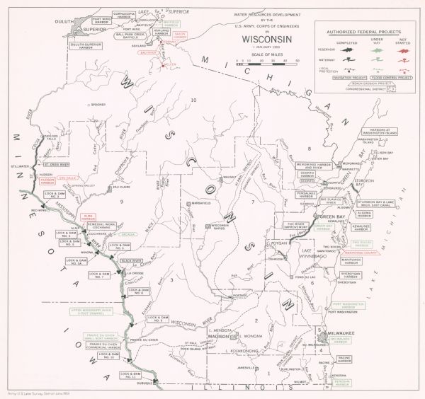 This map shows many of the rivers, dams, bays, harbors, lakes, and canals. It includes an index of authorized federal project, both for navigation and flood control. A few cities and districts are also shown.