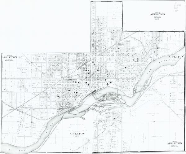 This photocopied map shows the area as it appeared in 1889. The map shows buildings, lot numbers, some landownership, and the Fox River. 

