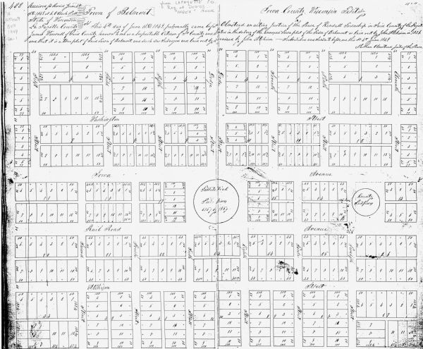 Town of Belmont : Iowa County, Wisconsin Territory This photocopied map shows lot numbers, dimensions, and street names. The map is dated "June 4th, A.D. 1849" and includes certifications by Nathan Almstead, Justice of the Peace.