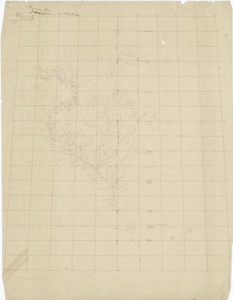This map is mostly pencil on paper map but includes latitude and longitude grid in ink. The map covers the Mississippi River from Lake Itasca to the Wisconsin River junction. Watersheds and trails are shown on the eastern side of the river. The map also shows drainage along north Minnesota border and some of the Lake Superior shoreline. 