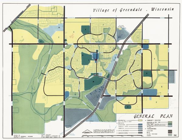 This map shows zoning, community facilities, roads, rivers and thoroughfares. The lower right corner includes a key titled "General Plan". 
