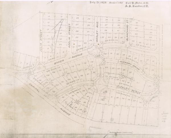 This plat map shows land parcels, blocks and streets located in a portion of the Mendota Beach subdivision. Streets include Adelia Street, Wesley Avenue, Blanchard Street, Hickory Drive, Clewley Place, Capital Avenue, and Baker Avenue.