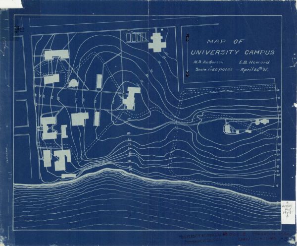 This blueprint map shows campus buildings, roads, and Lake Mendota. The compass rose near the title is incorrect; the map is actually oriented with north to the bottom. 