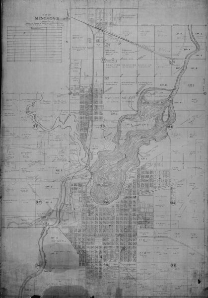 This photocopy map shows lot and block numbers, some landownership and acreages, water flowage, and marshes. The map also shows  Lake Menomin and Wilson Creek. Below the title reads: "Showing number of miles patroled Nov. 28th 1930, streets in the city." 