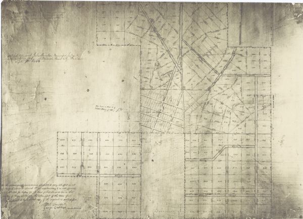 This facsimile of a manuscript map shows lots and streets. The lower left corner includes a certification. 