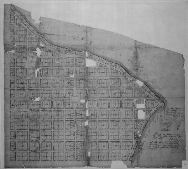 Map showing a paper city located on the shore of Green Bay and south shore of the Fox River. The site is now part of Oshkosh.