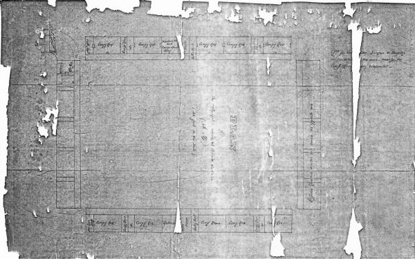 This photocopy map shows proposed buildings and building use at Fort Crawford.
