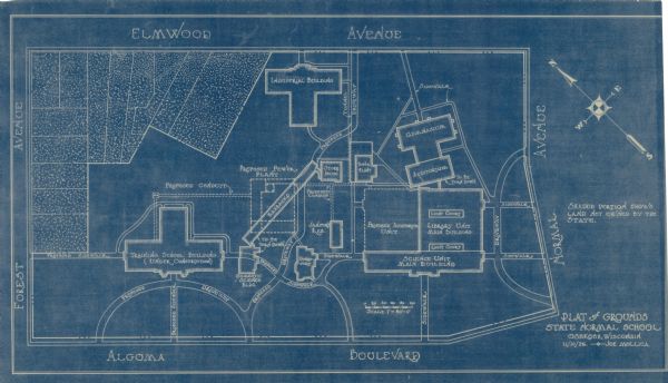 This blueprint map is oriented with north to the upper left. The map shows buildings with note of those "to be torn down," sidewalks, proposed power plant, auditorium and conduits, and lands not owned by the state.

