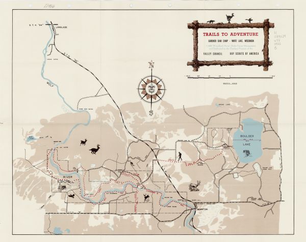 This map shows trails, roads, creeks, alleged location of George Gardner's trading post, Boulder and Mud Lakes, and a portion of the Wolf River. The map also includes inset illustrations, and boy scout insignia inside compass rose.