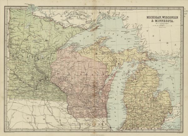 This map shows railroads, county boundaries, cities, towns, and waterways with relief shown by hachures. The prime meridians are: Greenwich and Washington. Lake Superior, Lake Michigan, Lake Huron, and Lake Erie are labeled. 