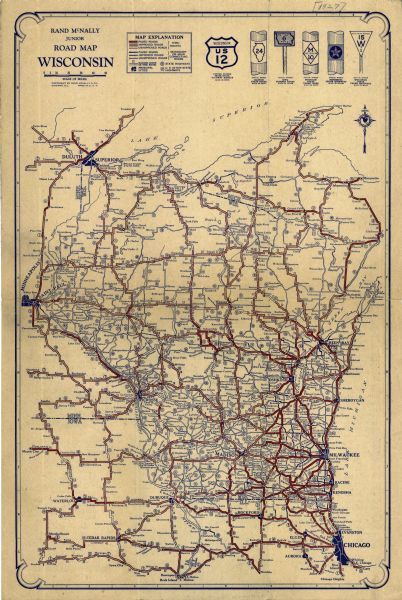 This map details automobile routes throughout the state as well as parts of Iowa, Minnesota, Michigan and Illinois. Cities, the Mississippi River, Lake Michigan, Lake Superior, Lake Winnebago, and Green Bay are labeled. At the top of the map a key is provided to explain the various types of roads featured. The upper right corner includes images of highway markers for each respective state. The back of the map includes a mileage chart of the Western United States. Also included are advertisements for several companies: Pomiac Full-Powered Gasoline, Winona Oil Company, and Ivaline Motor Oil.     