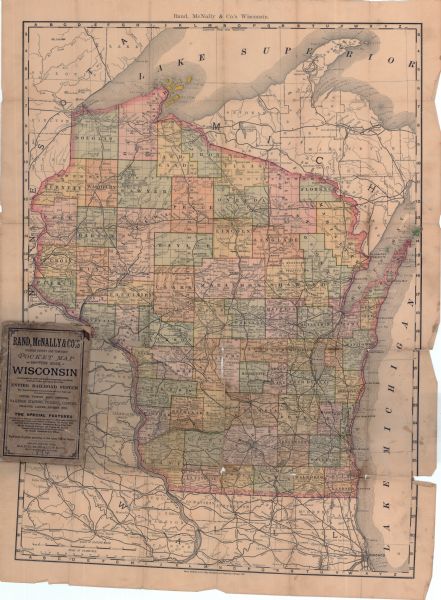 This map shows automobile routes across the state and into parts of Illinois, Michigan, Minnesota, and Iowa. Cities, counties, Lake Michigan, Lake Superior, the Mississippi River, Lake Winnebago and Green Bay are all labeled. The cover of the pocket map is included.  