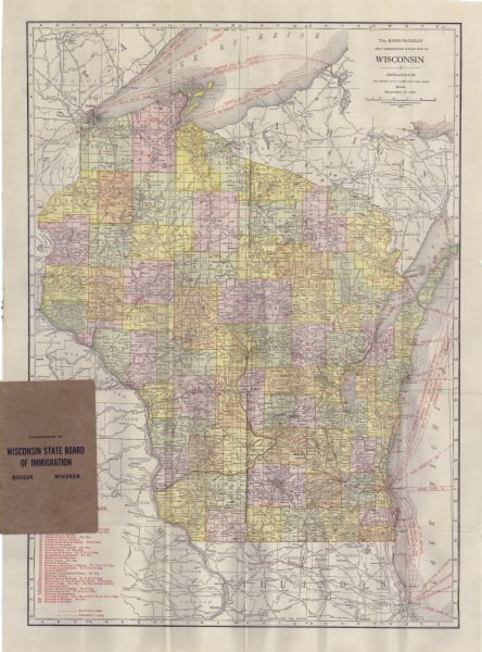 This map details automobile routes throughout the state and parts of Illinois, Minnesota, Michigan, and Iowa. Cities, counties, Lake Michigan, Lake Superior, the Mississippi River, Green Bay and Lake Winnebago are all labeled. The pamphlet cover notes the map is provided by "Wisconsin State Board of Immigration". 