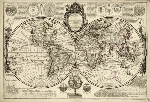 A map of the world in two hemispheres, with the borders of the continents hand-colored. This map contains 14 spherical diagrams of the cosmos, portraying the various planetary theories from the geocentric model of Ptolemy to the heliocentric model of Copernicus. Notes accompany each sphere describing the models. Other illustrations adorn the sides of the map, the most noteworthy of which is the armillary sphere at the bottom between the hemispheres. Desnos was among the first cartographers to include depictions of scientific instruments rather than or along side the more traditional depictions of mythological figures. 