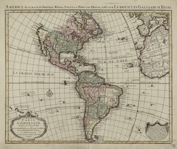 This map shows the territorial claims of the western hemisphere by the European powers, as well as the names of major cities, geographical features, and parts of western Europe and Africa. The cartouche is bordered in an illustrated border topped with the French royal crest and crown, but beyond this the map is bare of decoration. 