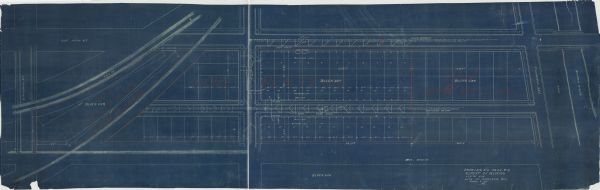 This blueprint map includes manuscript annotations in red showing land of Home Realty Co., Hon. Geo. B. Burrows, and A.O. Fox Industrial.