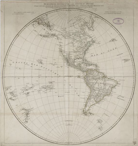 This map is an updated version of d'Anville's 1761 map of the western hemisphere. He included more details to the north west coast of North America, particularly the inclusion of the Aleutian islands. The known borders of Russia, North America, and South America are hand-painted. Save for this the map is bare of decoration, an austere style typical of d'Anville.