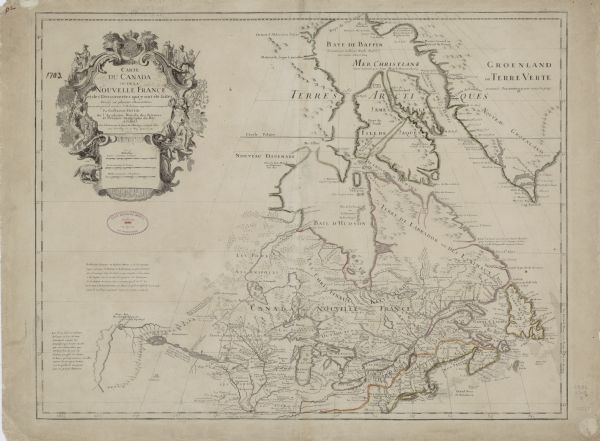 A seminal and fairly accurate map of the Great Lakes Region up to Baffin's Bay in Northern Canada. This is possibly the first printed map to locate Detroit, founded two years earlier, and one of the first to reference the Rocky Mountains (though not labeled). Also incorporates geography from Lahontan, which included both accurate geographical features such as the Rocky Mountains and imaginary features Pays des Gnacsitares and the Riviere Morte. Typical for L'Isle, he remained skeptical of all information and included a note on the map above the mountains which briefly describes Lahontan's discoveries but ends with "Unless the Seigneur de Lahonton has invented all of these things, which is difficult to resolve, he being the only one who has penetrated this vast land." There are numerous small blocks of descriptive texts. The cartouche is ornately engraved, with images of explorers, monks, priests, animals, and topped with the French royal crest.