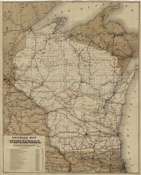 This map shows the entire state with railroad routes shown in red, blue, orange, green, brown, pink, green, and black. Also labeled are counties, cities, towns, rivers, and lakes. Lake Superior, Lake Michigan, and portions of Iowa, Illinois, Michigan, and Minnesota are visible. The lower left corner includes a table of railroad lines with mileage in Wisconsin and total mileage as of June 30th. 