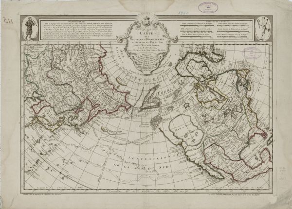 This map shows the northern Pacific Ocean with North America and Asia, with cities and geographical features labeled, as well Russian, French and Spanish routes across the Pacific from Japan, China and Siberian Russia to northern Canada and California.  The borders of the countries and regions are hand-colored and a decorative title cartouche sits in the top center, flanked by an "Avertissement" and various scales.  An illustration of Kamchatka native and a Louisiana naive decorate the left and right corner respectively.  The purported discoveries and exploration of the Admiral Bartholomew de Fonte in 1640 are given particular prominence. However, not only are these discoveries entirely inaccurate, there exists some evidence that Bartholomew de Fonte himself was a fictional creation of English periodical Memoirs for the Curious. 