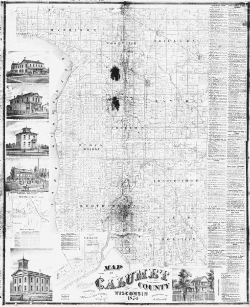 This map includes two insets: Plat of New Holstein village and Village of Chilton. The map also includes a table of statistics showing the assessed value of real estate and public property; estimated population in 1874; Democratic, Republican, and vote totals for 1873 for Brillion, Brothertown, Charlestown, Chilton, Harrison, New Holstein, Rantoul, Stockbridge, and Woodville; list of county officers; and business directories for Chilton, Stockbridge, Potter's Mills, New Holstein, Sherwood, Brothertown, Hayton, Hilbert Junction, Woodville, Baldwin or Forest Junction, and Gravesville. The map is bordered by engravings of the Chilton House, Jacob Wirth's Block, the residence of George Baldwin, and the county court house, all in Chilton; Luethge's Hotel in New Holstein; and the residence of H.B. Nugent in Clifton. Lake Winnebago is labeled on the far left. 