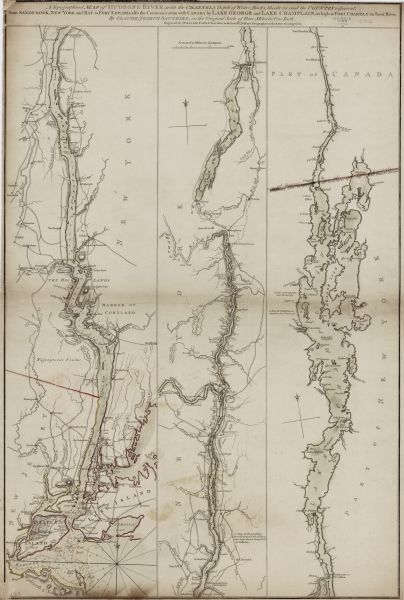 Map showing the Hudson River in three sections, from New York City up through Lake Champlain, including cities, forts, roads, topographical features, and near by lakes and rivers. Depths are represented through soundings throughout the river. A few military events are marked, such as the sinking of a French Fleet during the French and Indian War, and the site of a naval battle on Lake Champlain during the then on-going Revolutionary War. 