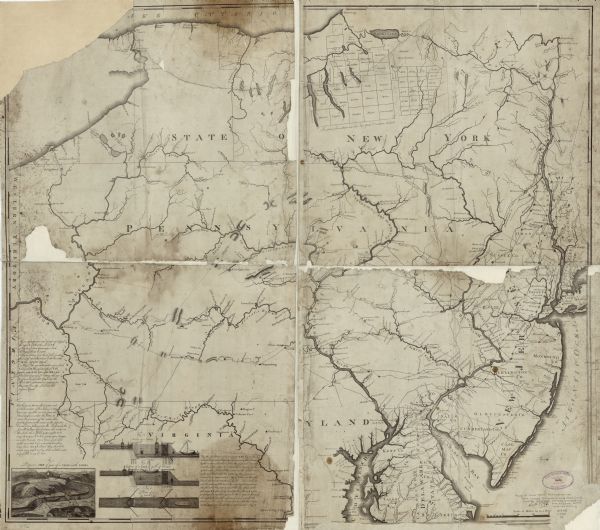 This map of the north eastern states shows roads, rivers, lakes, waterfalls, mountains, cities, forts, mills, the Oneida Reservation, and "New York Donation Lands." It includes for illustrative figures with descriptive texts: "Perspective View of Part of a Canal with Locks," "Section of a Lock," "Section of a Lock Full of Water," and "Plan of a Lock." 