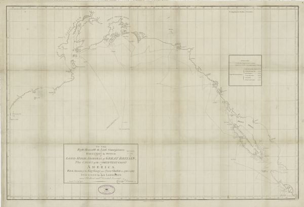 This map shows the north western coast of North America, including the southern coast of what will be Alaska and parts of the Aleutian Islands. It includes ship routs taken by George Dixon, with dates. Only the coastal features, such as bays, ports, harbors, and islands are depicted, with the exception of three mountains: Mount St. Augustine, Volcano Mountain, and Mount St. Elias. 