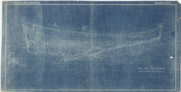 This blueprint map shows water depths by soundings and isolines. To the top left is Duluth, Minnesota. To the bottom right is Superior City, Wisconsin. The bottom left corner includes notes on the map. The top margin reads: "Rivers and Harbors Minnesota".