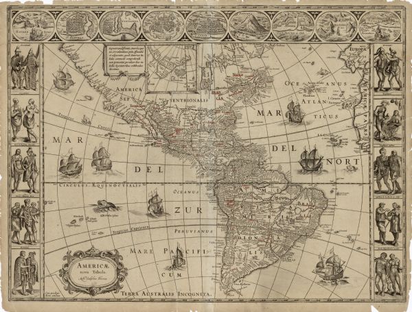 One of the few maps by Dutch cartographer Willem Blaeu depicting the Americas, this map shows regions, settlements, islands, mountains, forests, rivers, and lakes of the western hemisphere, complete with an inset map of Greenland and Iceland. Blaeu's map is one of the most prominent depictions of America to retain California as a peninsula rather than an island. The map is highly detailed and decorative; large clipper ships and sea monsters sail the oceans, while small illustrations of Native people fill in empty spaces in South America. Nine engravings along the top border depict the larger cities and harbors of the Americas. Ten engravings along the right and left show Native American dress from Greenland to the southern point of South America, including children. This copy contains manuscript annotations, with some place names underlined in red.