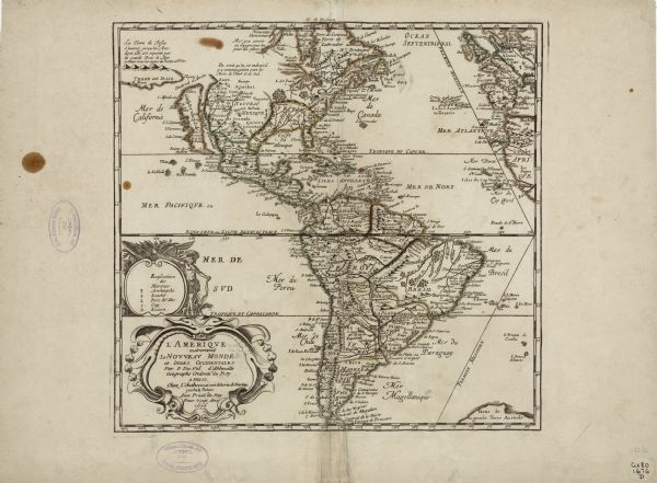 Detailed map of North and South America. Cities, towns, forests, and mountains are shown pictorially. Duval labels regions, islands, cities, lakes, and Native American land.  Duval also includes and labels the Great Lakes, though the western portions of Lac Superieur and Lac des Puans (Lake Superior and Lake Michigan respectively) remain unfinished. Several annotations and descriptive blocks of text dot the map, including one on a region entitled "Terre de Jesso," the depiction of which was the result of confusing reports by explorers on expositions in the north Pacific. In the bottom left sit two cartouches, one decorated with a floral pattern, the other ornately adorned with an illustration of a canoe, net, and a Native American man dressed in feathers, holding an unstrung bow, and accompanied by a lizard and a bird.